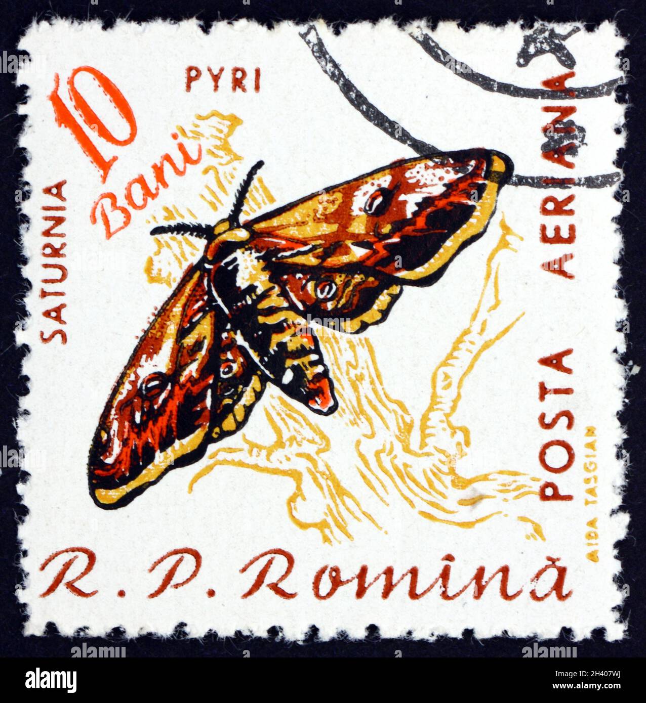 ROMANIA - CIRCA 1960: a stamp printed in Romania shows giant peacock moth (saturnia pyri), is a moth which is native to Europe, circa 1960 Stock Photo