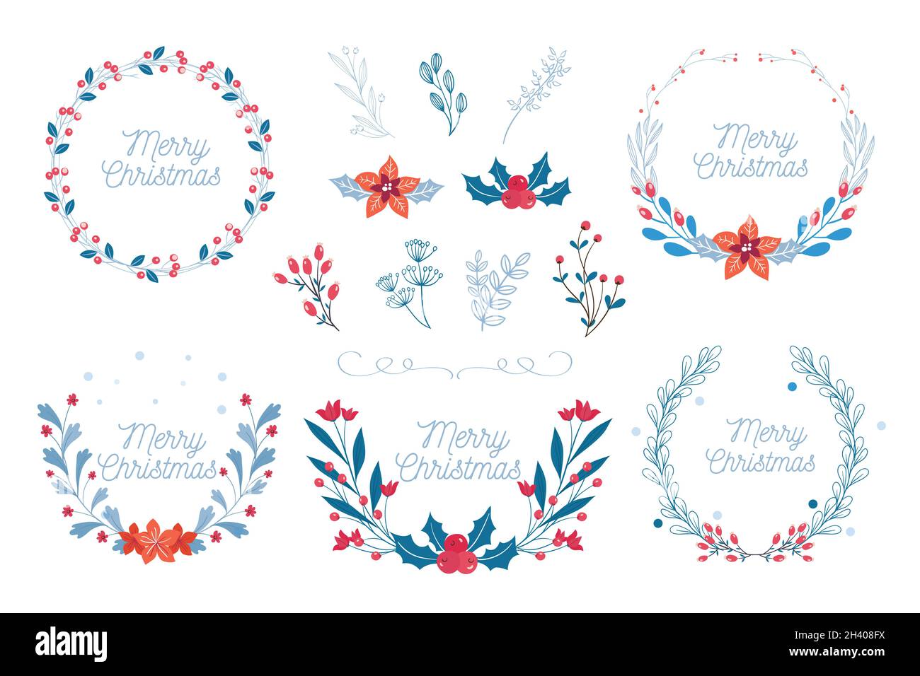 hand drawn christmas flower wreath collection vector design ...