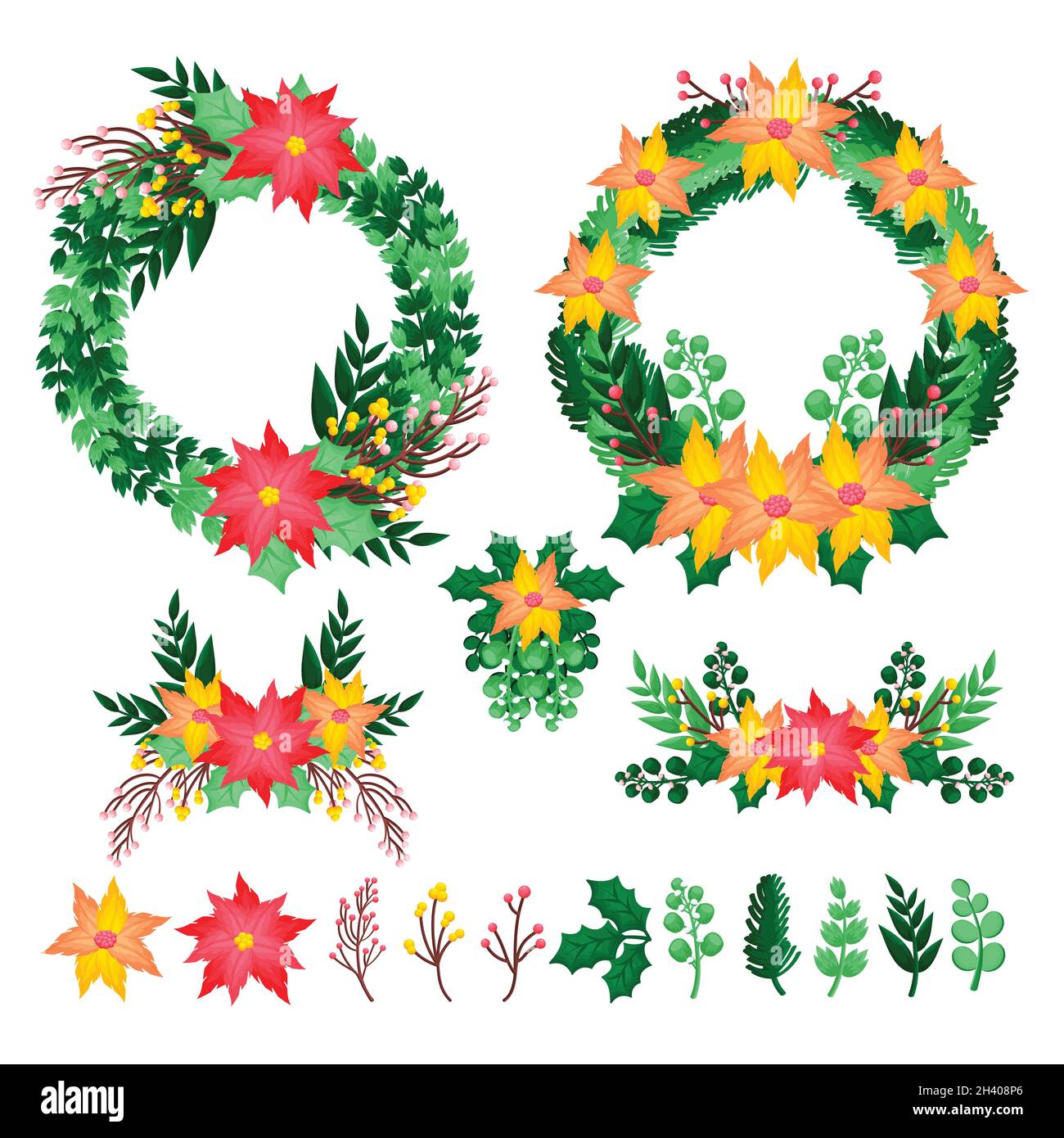 hand drawn christmas flower wreath collection vector design ...