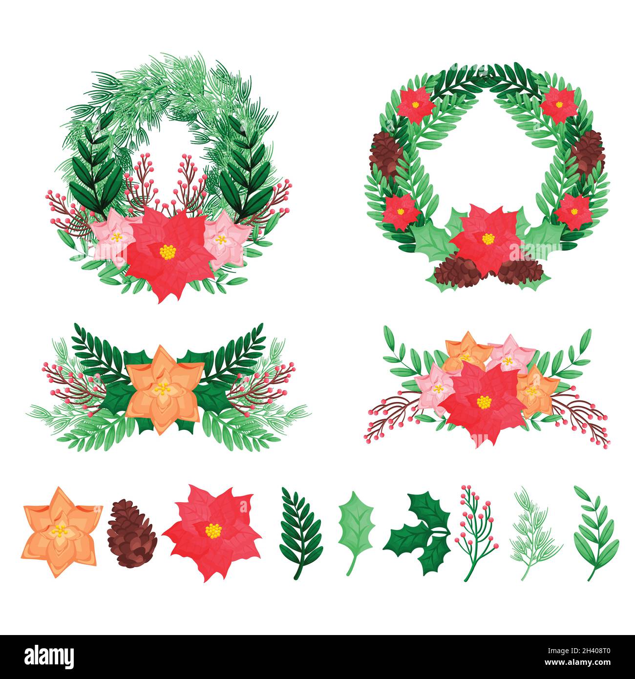 hand drawn christmas flower wreath collection vector design ...