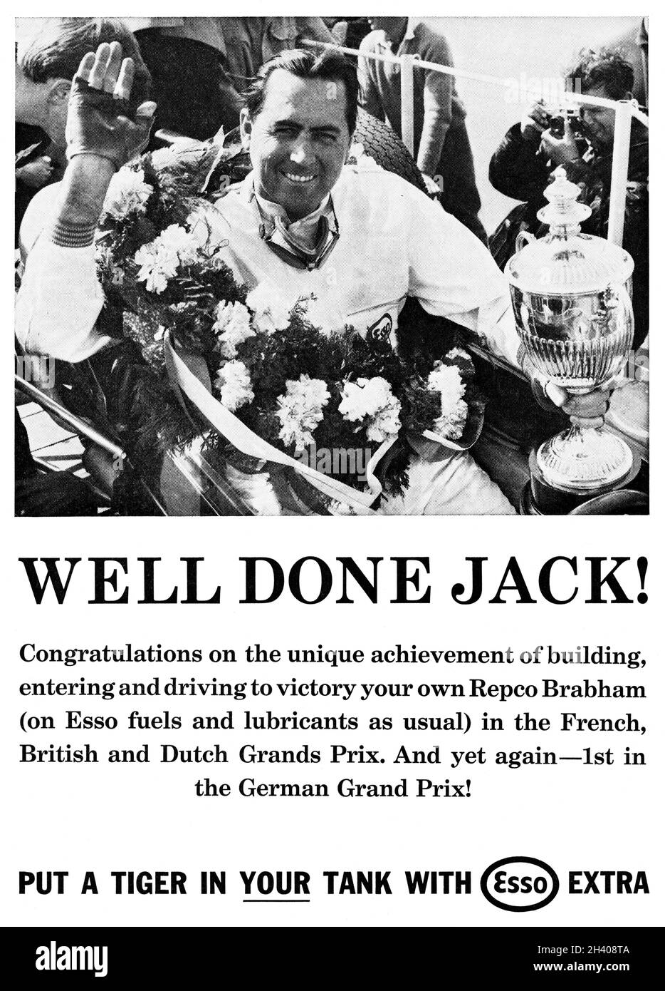 A vintage Esso advert from Autosport magazine celebrating Jack Brabham's win in the German Grand Prix Stock Photo