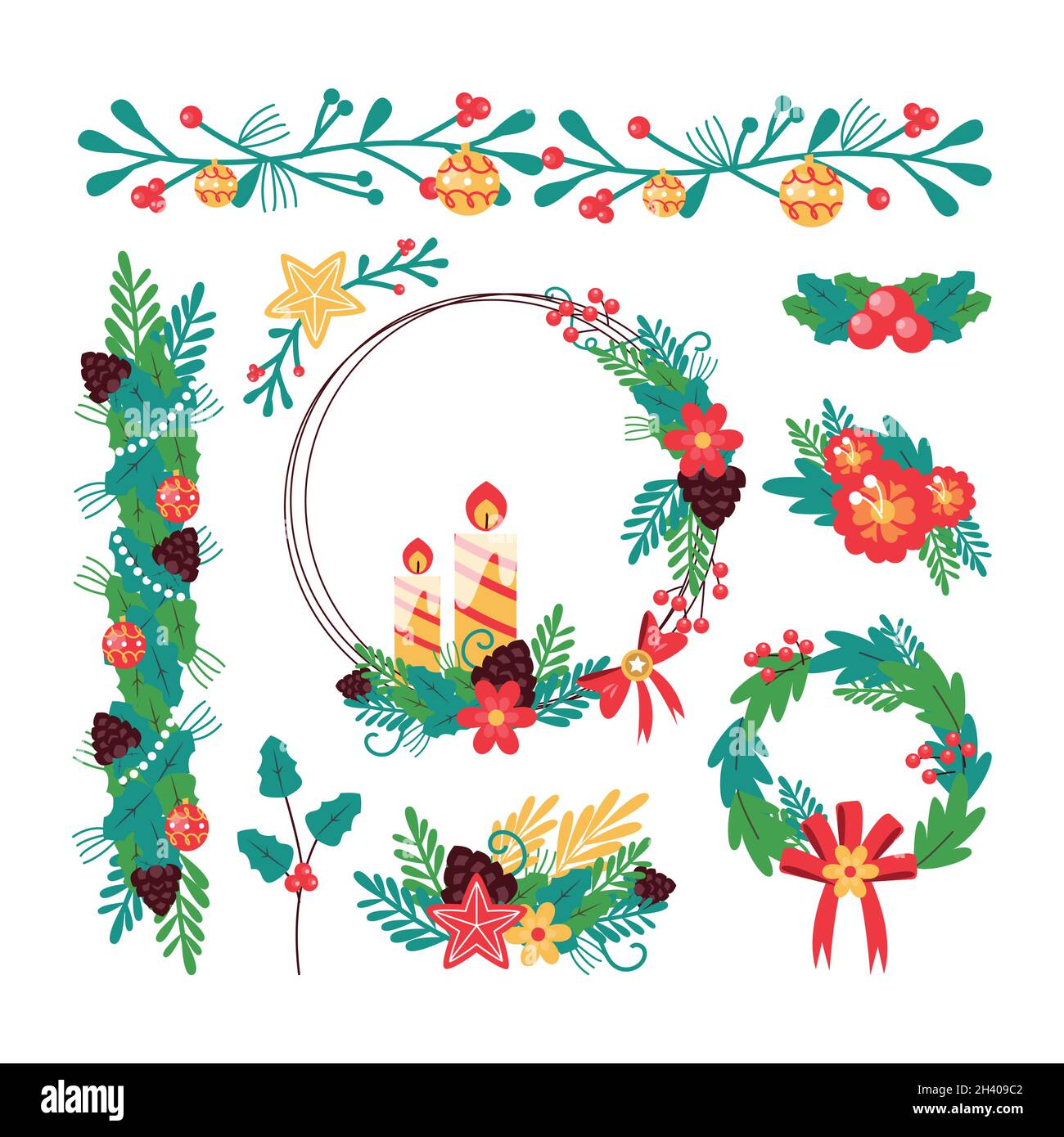 hand drawn christmas flower wreath collection vector design ...