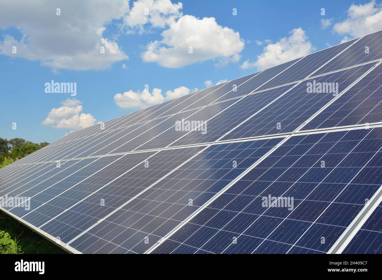 View on solar panels  surface background with beautiful clouds sky Stock Photo