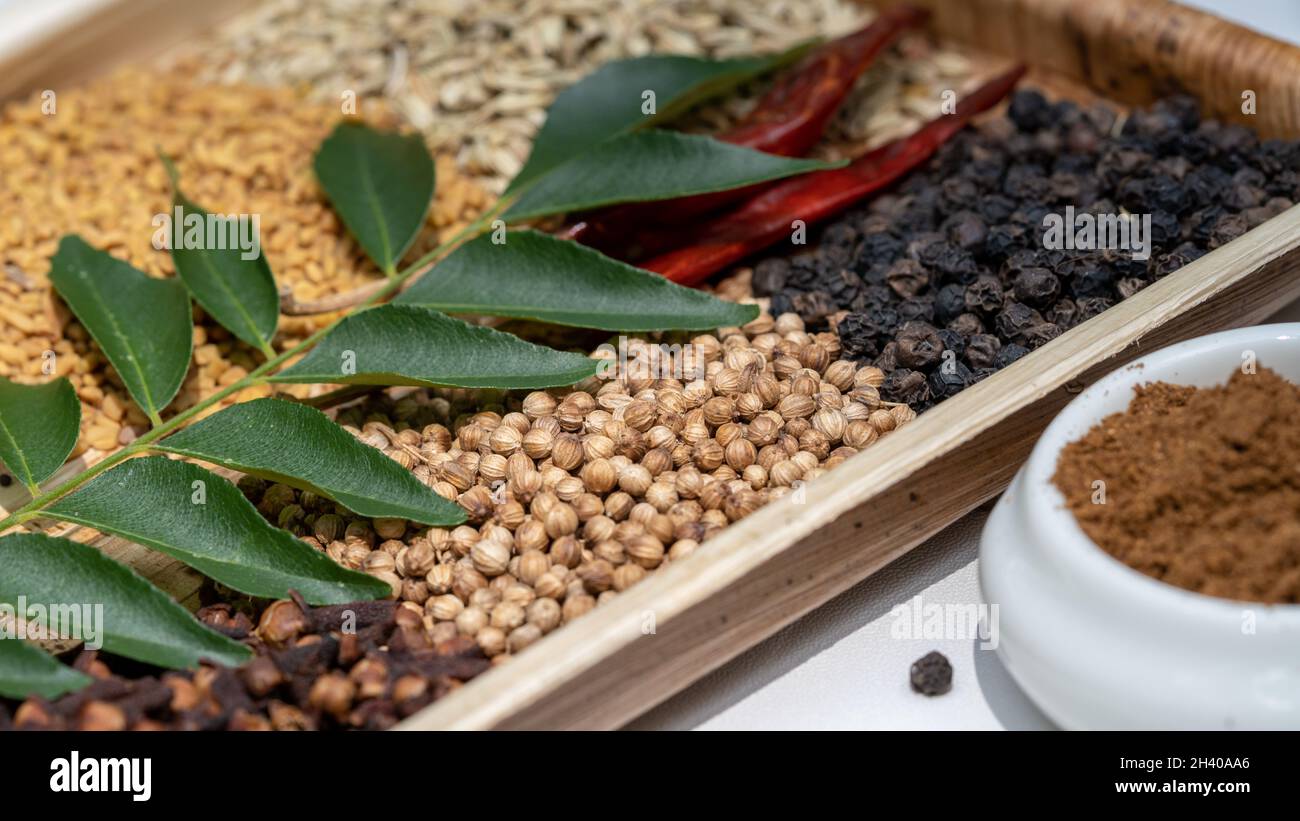 food ingredients in the kitchen Pepper, coriander, fennel, cloves