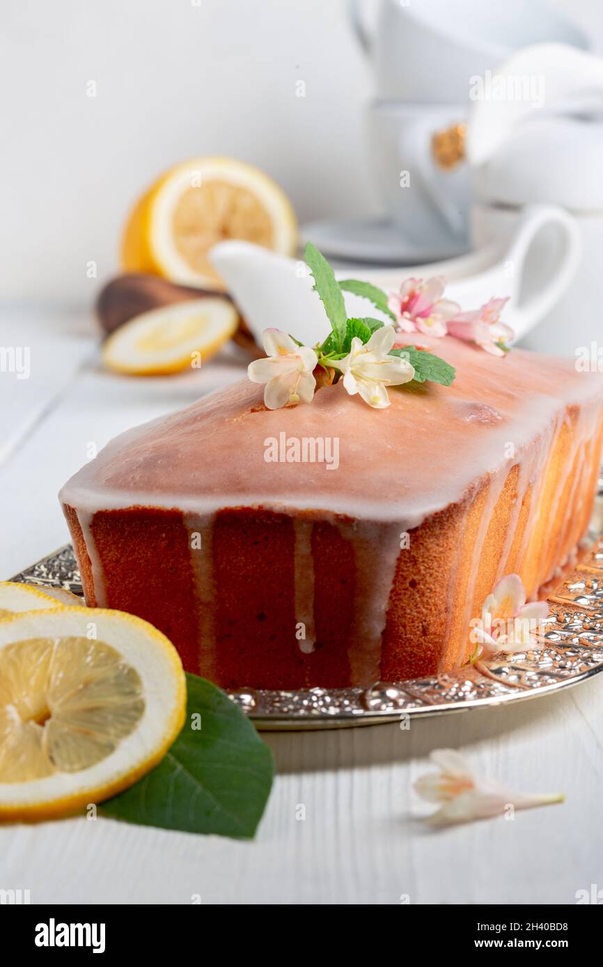 Traditional lemon cake with icing. Stock Photo