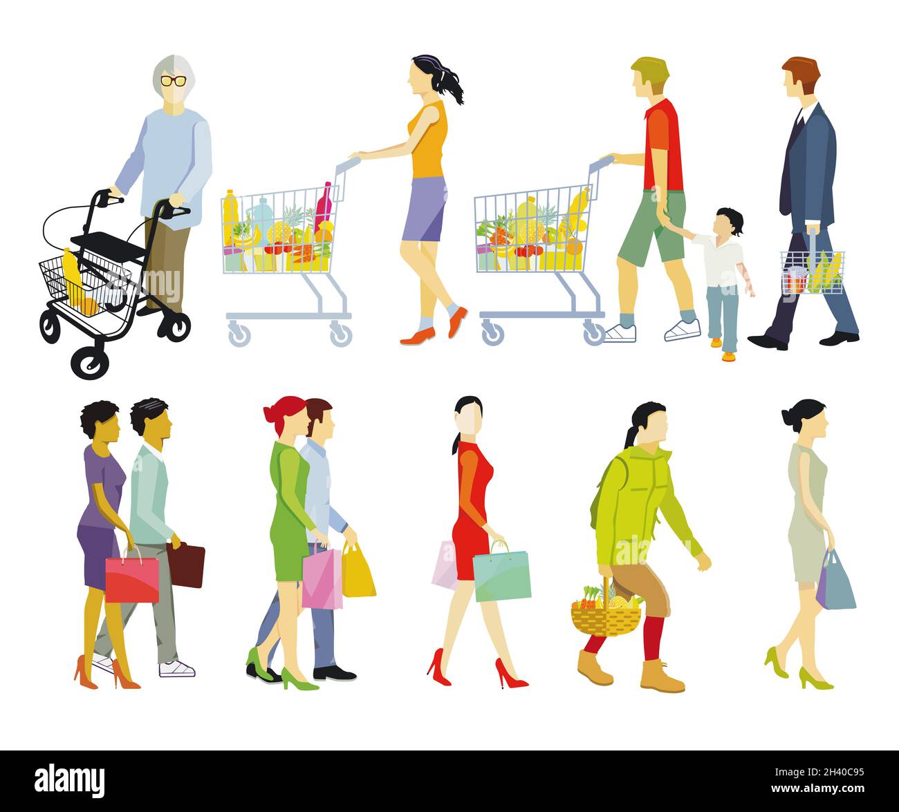 People shopping, isolated on white illustration Stock Photo