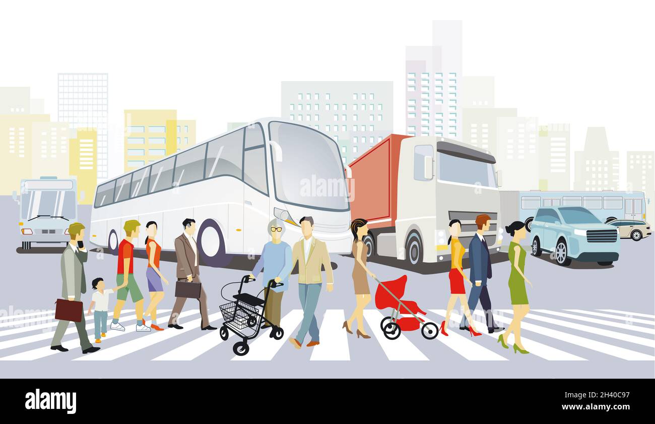 City with road traffic, apartment buildings and pedestrians on the zebra crossing Illustration Stock Photo