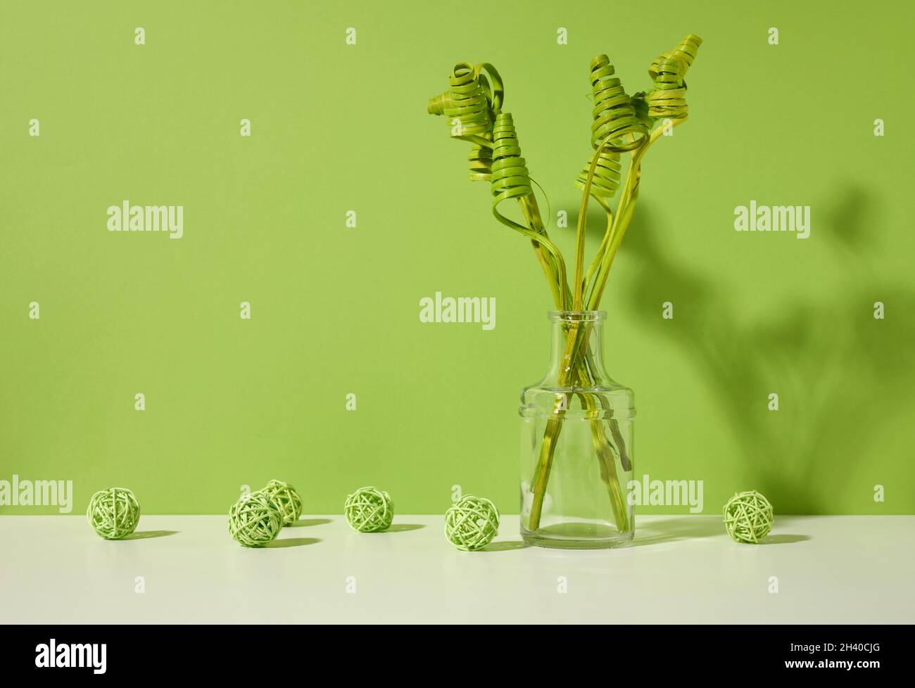 Glass transparent vase with green dried flowers on a white table, green background Stock Photo