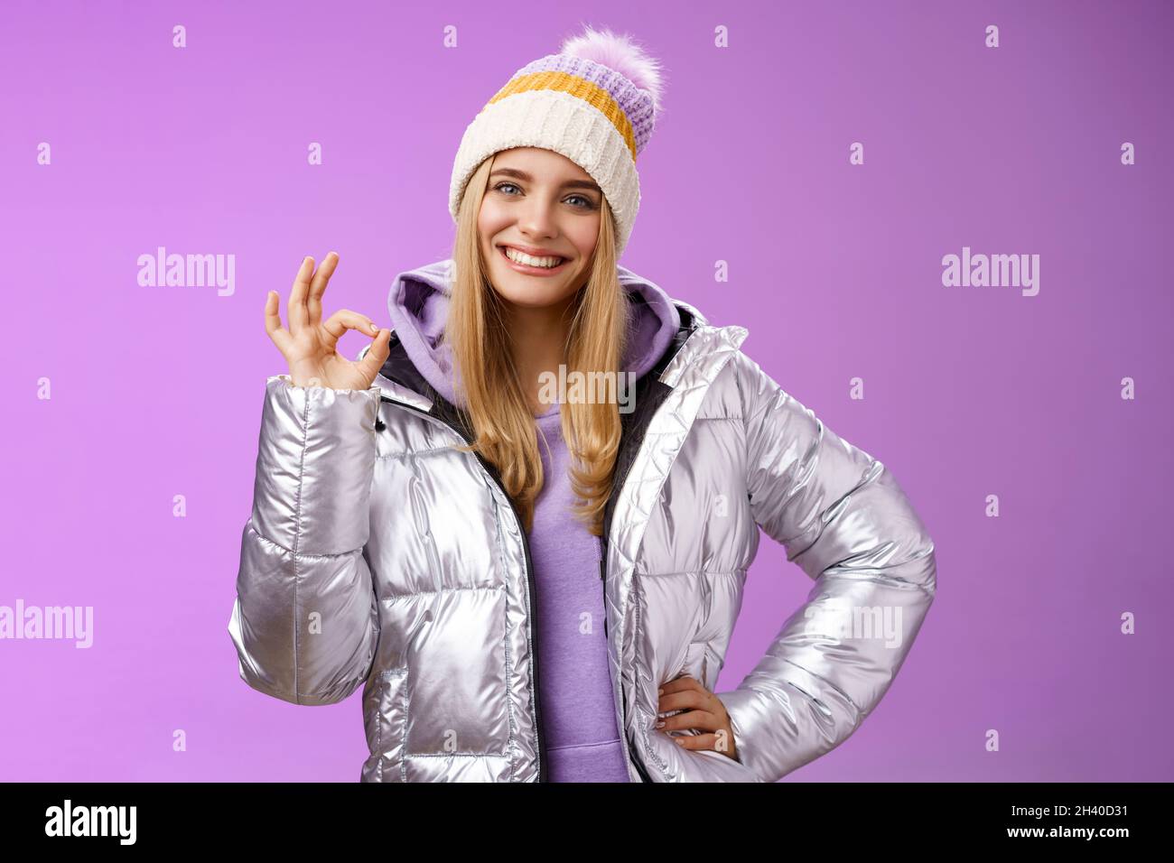 Got it count done. Portrait confident assertive charming smiling blond girl give okay assure everything perfect grinning delight Stock Photo