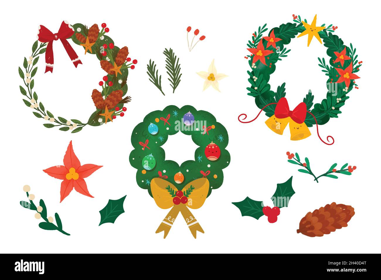 hand drawn christmas flower wreath collection vector design ...