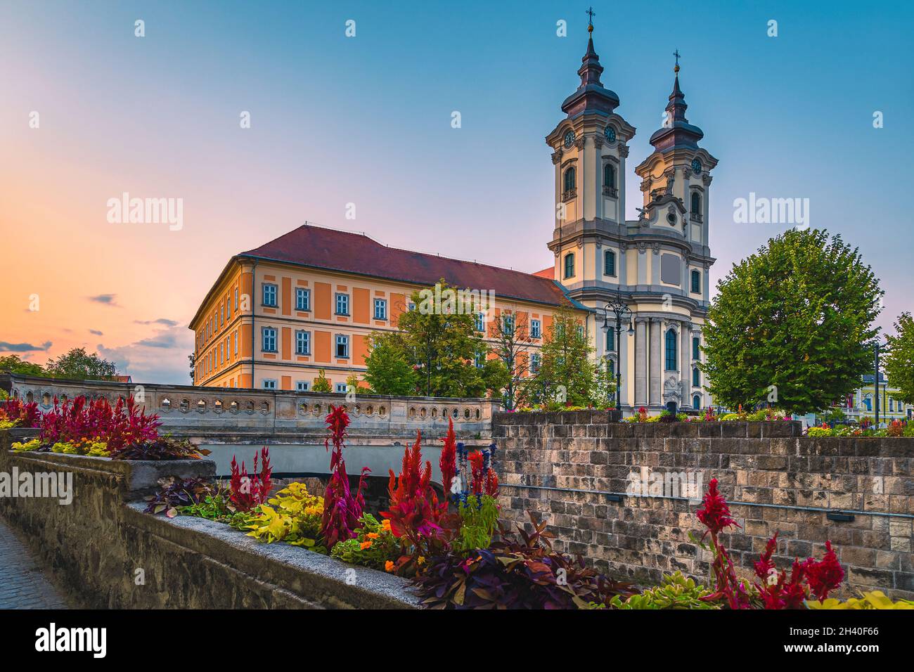 Fantastic tourist destination with spectacular old cathedral and beautiful city center. Amazing cityscepe view at dawn, Eger, Hungary, Europe Stock Photo