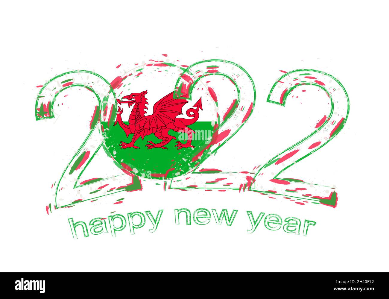 Happy New 2022 Year with flag of Wales. Holiday grunge vector illustration. Stock Vector