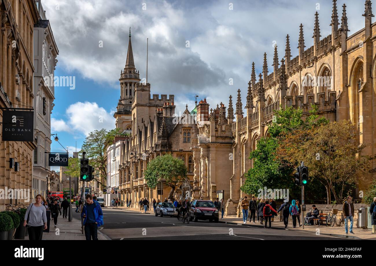 View of the High Street with the University Church of St Mary the Virgin and All Saints Church, now the library of Lincoln College. Stock Photo