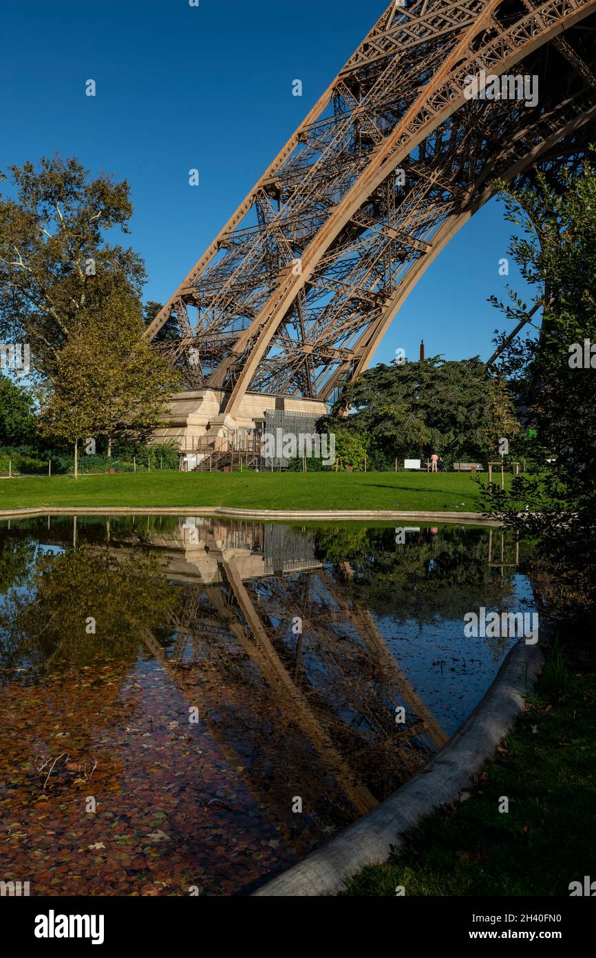 Low angle view of the Eiffel Tower with the colors of autumn, Paris, France Stock Photo