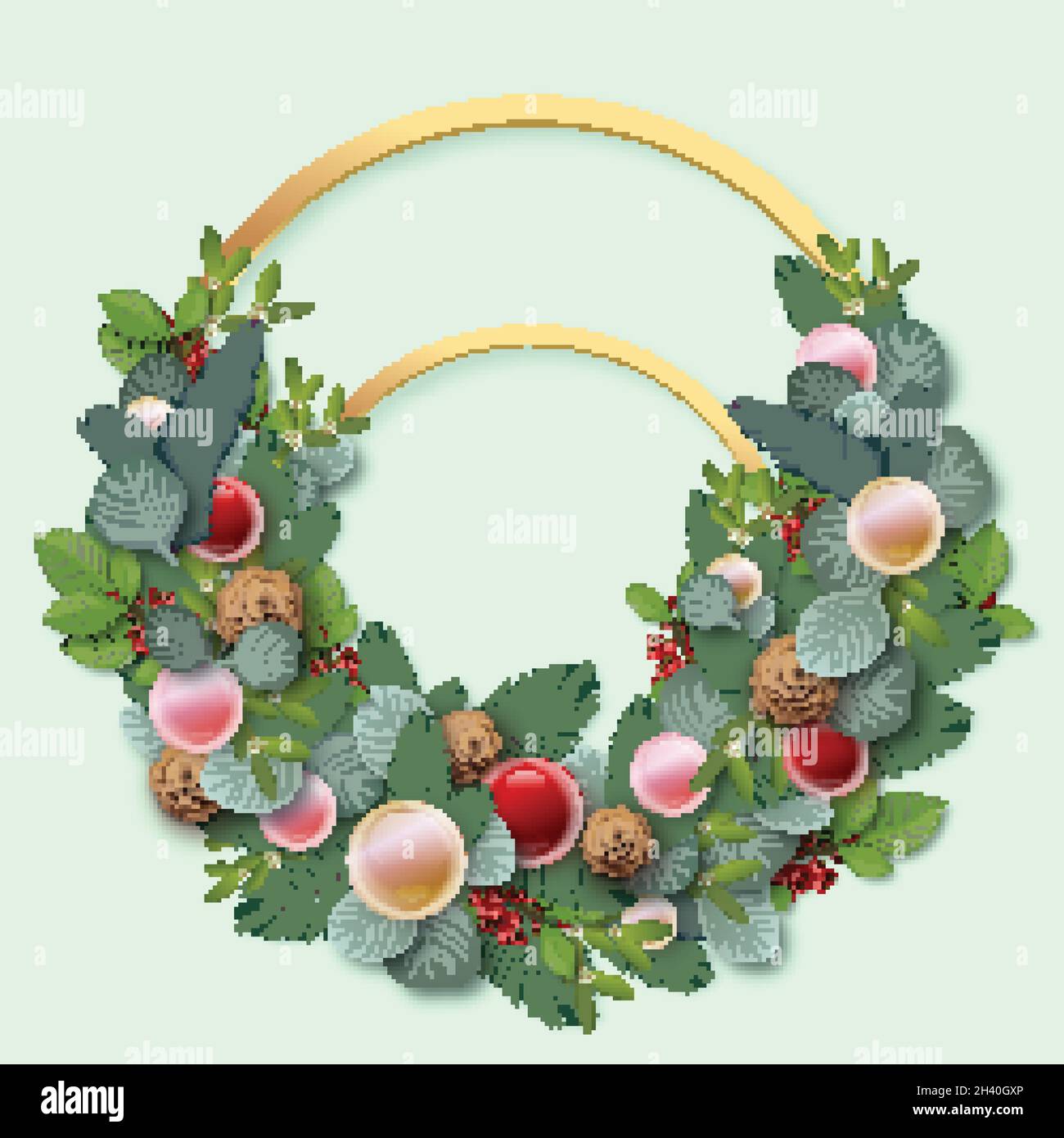 realistic christmas wreath with different decorations vector design illustration Stock Vector