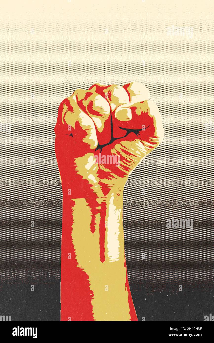 Raised fist concept. Digital draw of a man closed fist finished with stencil or silkscreen printing technique Stock Photo