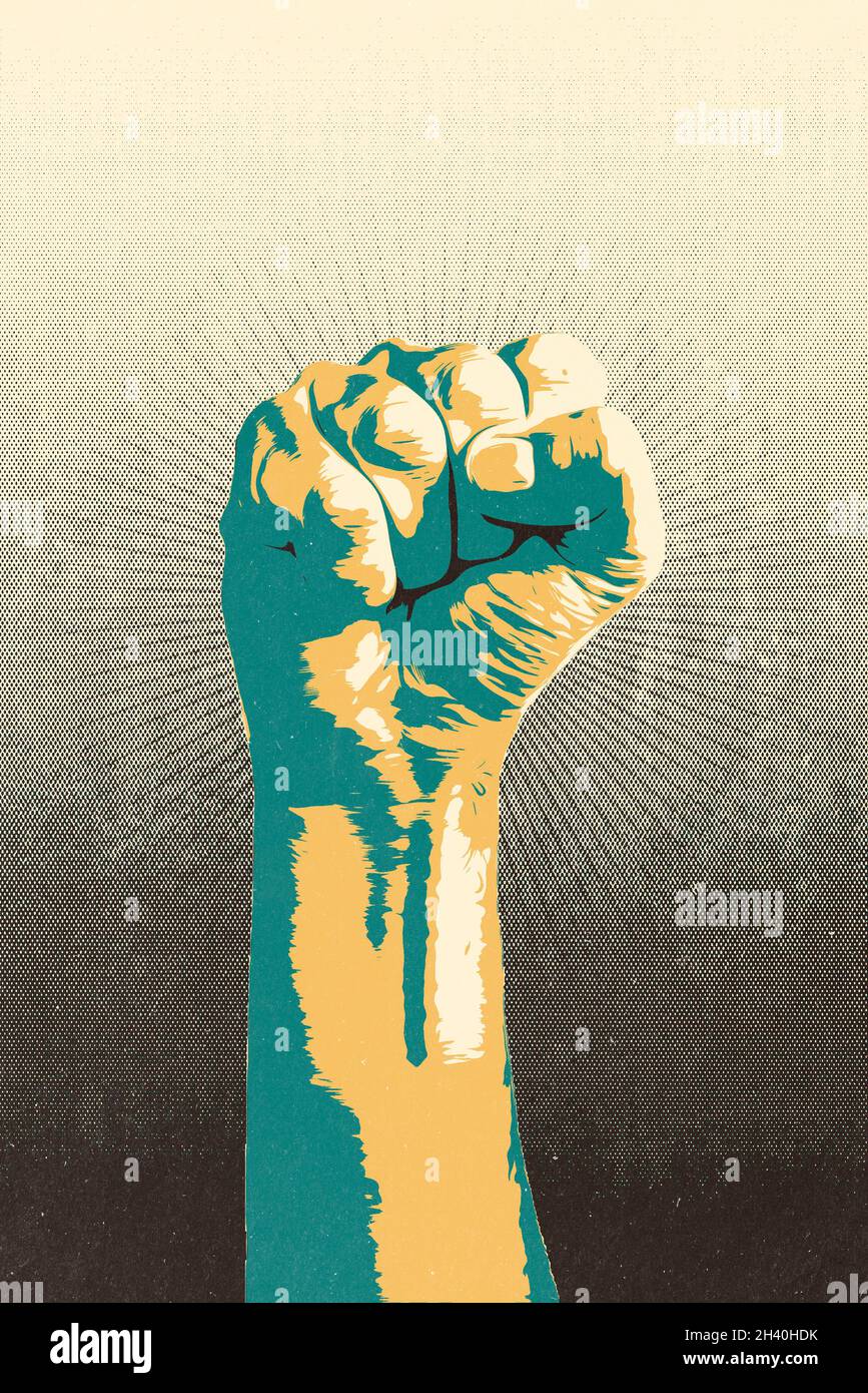 Raised fist concept. Digital draw of a man closed fist finished with