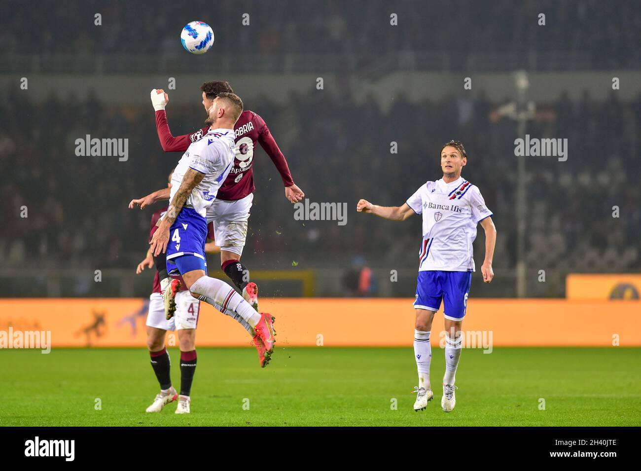 Torino, Italy. 30th Oct, 2021. Julian Chabot of UC Sampdoria, Antonio Sanabria of Torino FC, during the Serie A match between Torino FC and UC Sampdoria on October, 30th, 2021 at Stadio Grande Torino in Torino, Italy. Picture by Credit: Antonio Polia/Alamy Live News Stock Photo