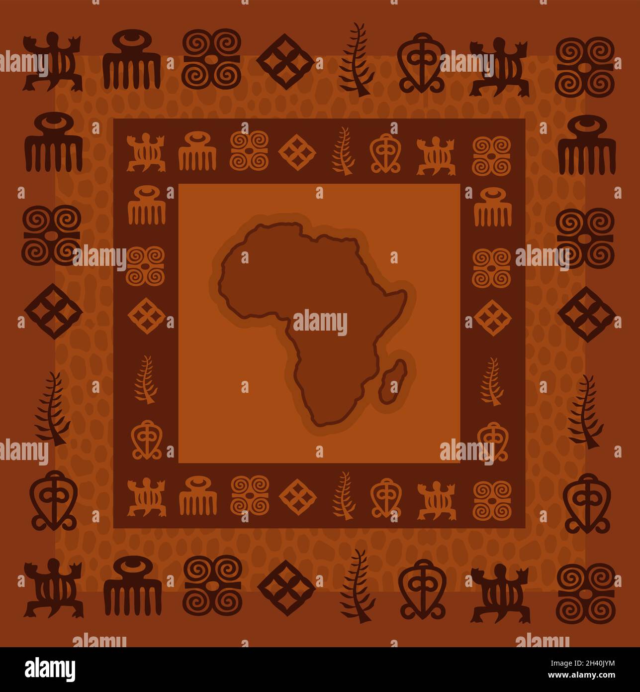 African hieroglyphs with Africa Map, Adinkra symbols, desert orange vector Stock Vector