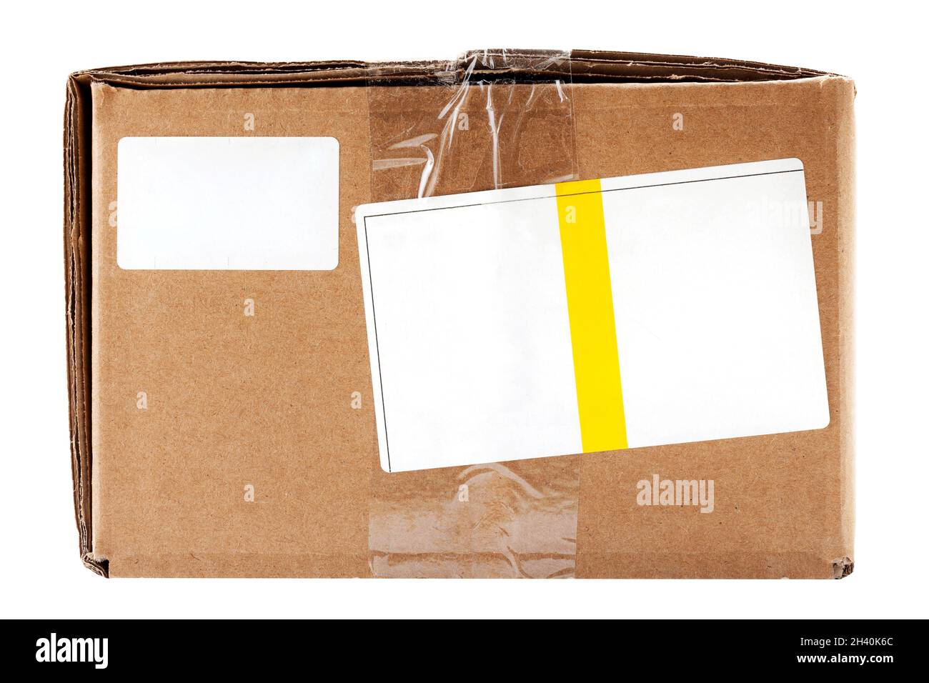 Simple brown carton package, post delivery parcel, box with white blank  empty labels, address stickers, paper notes, nobody. Object isolated on  white Stock Photo - Alamy
