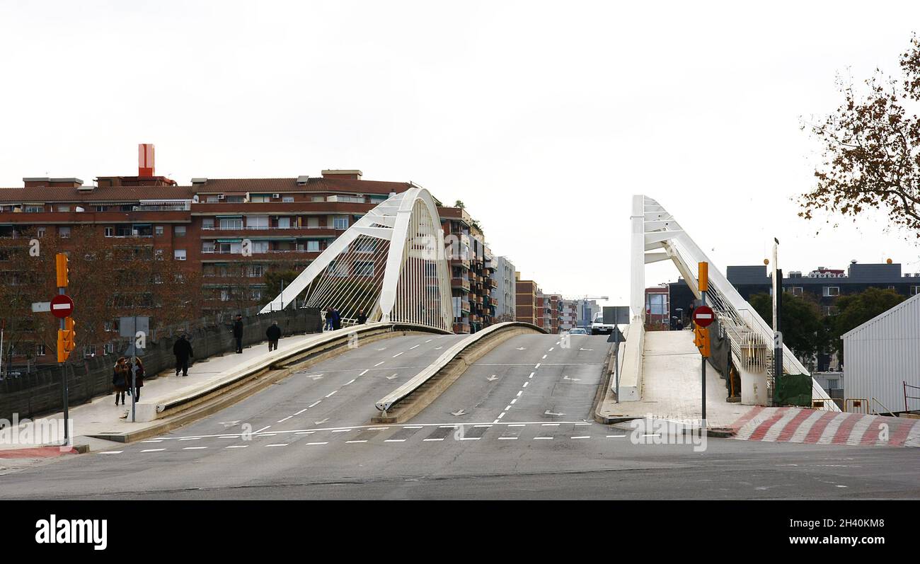 Calatrava Bridge over the train tracks on Calle de Felipe II in Barcelona, Catalunya, Spain, Europe Stock Photo