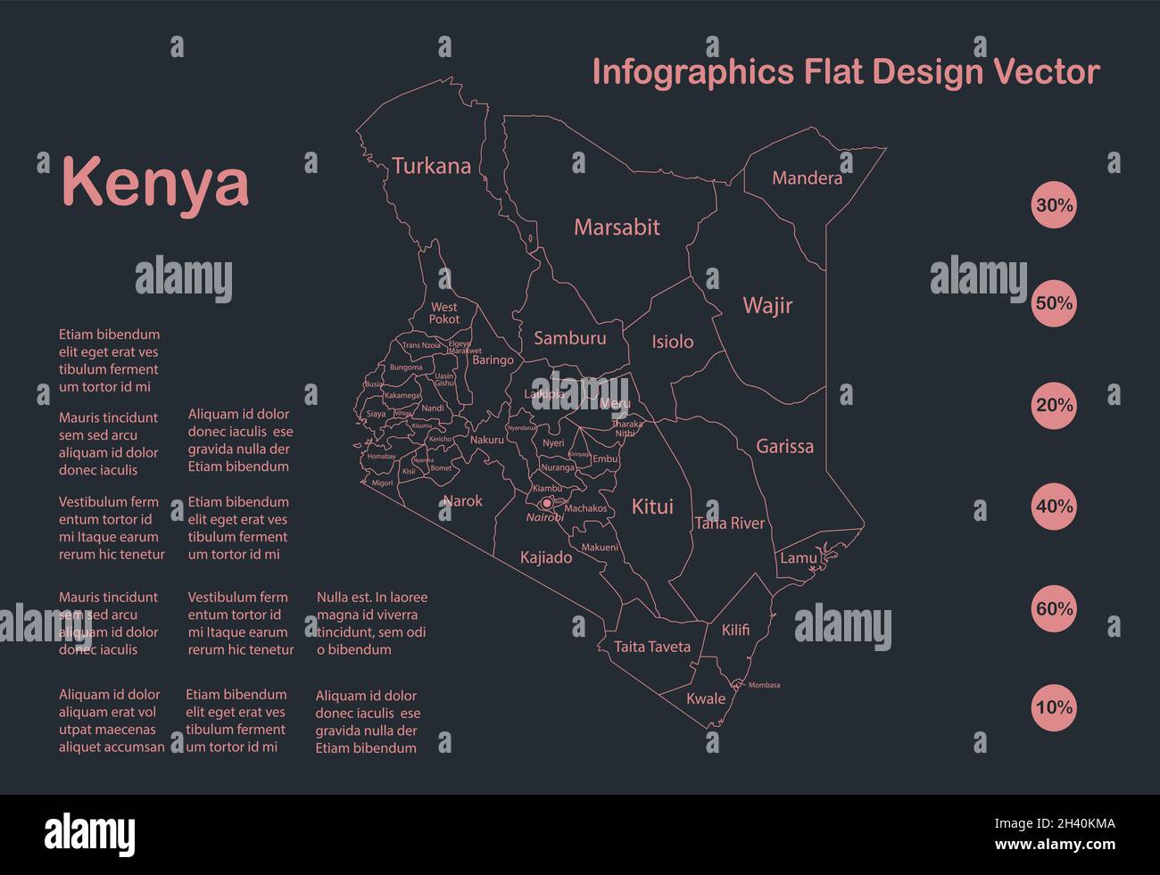 Infographics Kenya map outline, flat design, color blue  vector Stock Vector