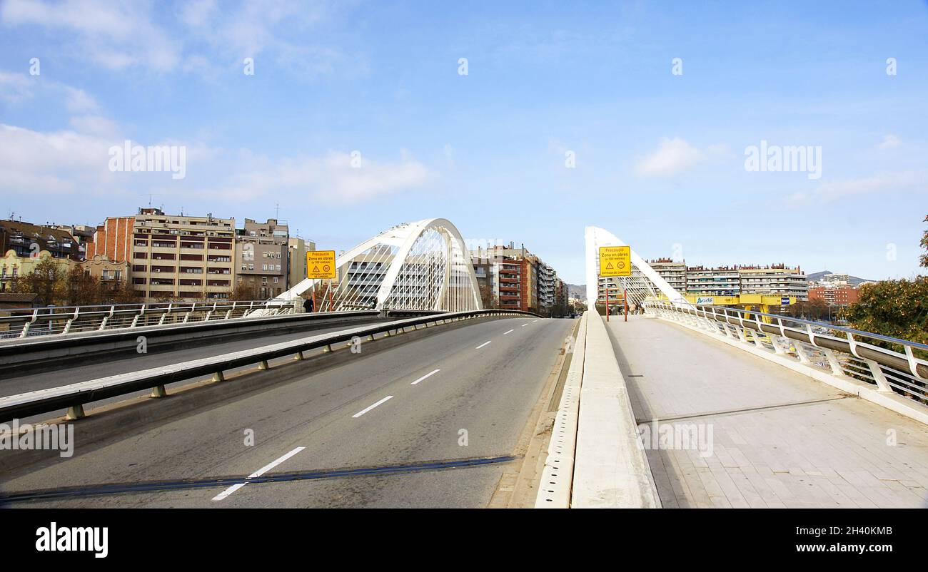 Calatrava Bridge over the train tracks on Calle de Felipe II in Barcelona, Catalunya, Spain, Europe Stock Photo