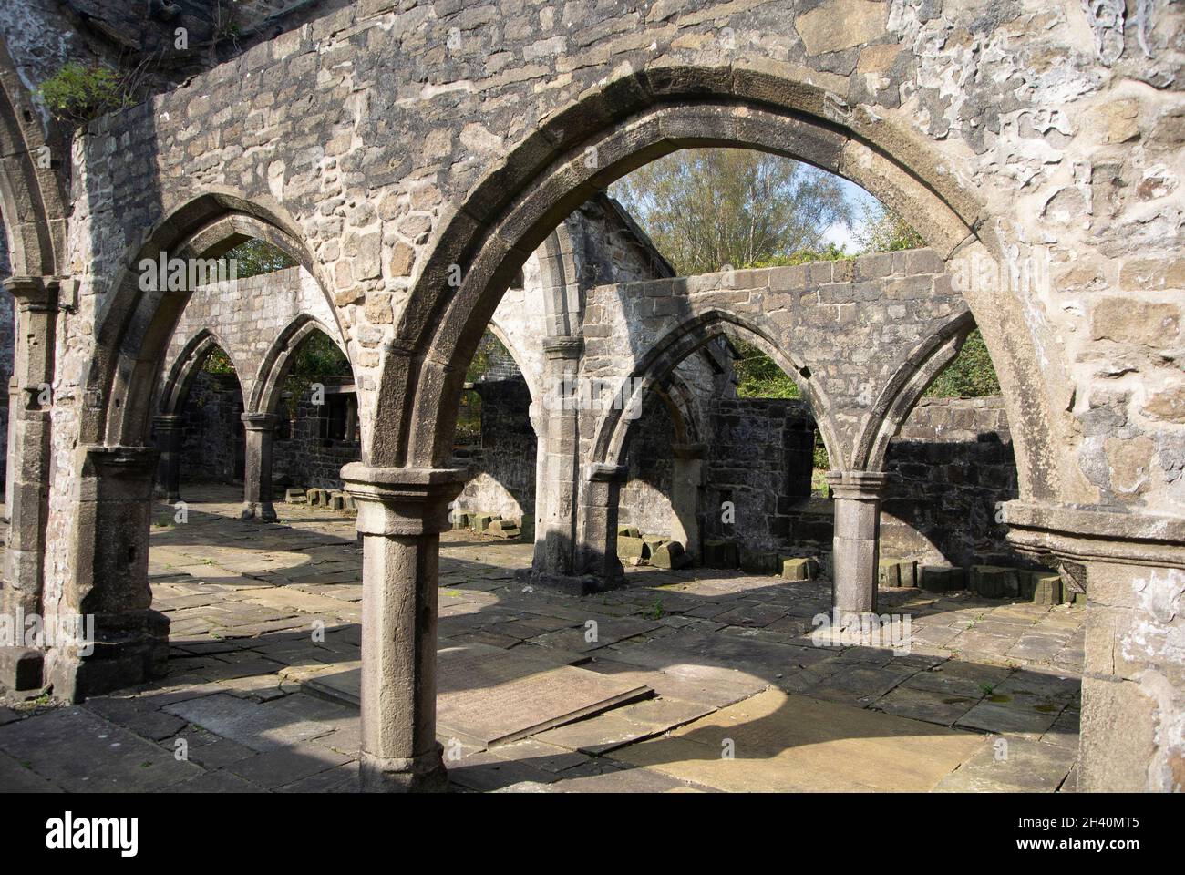 Heptonstall, Yorkshire, England  View of the interior of the ruined old church of Saint Thomas Stock Photo