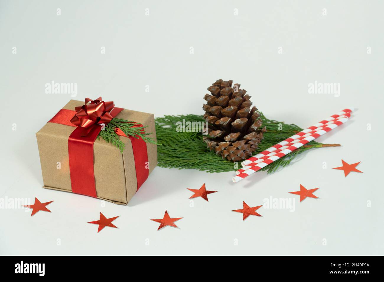 Christmas gift box concept idea with pine cone leaf and red white star