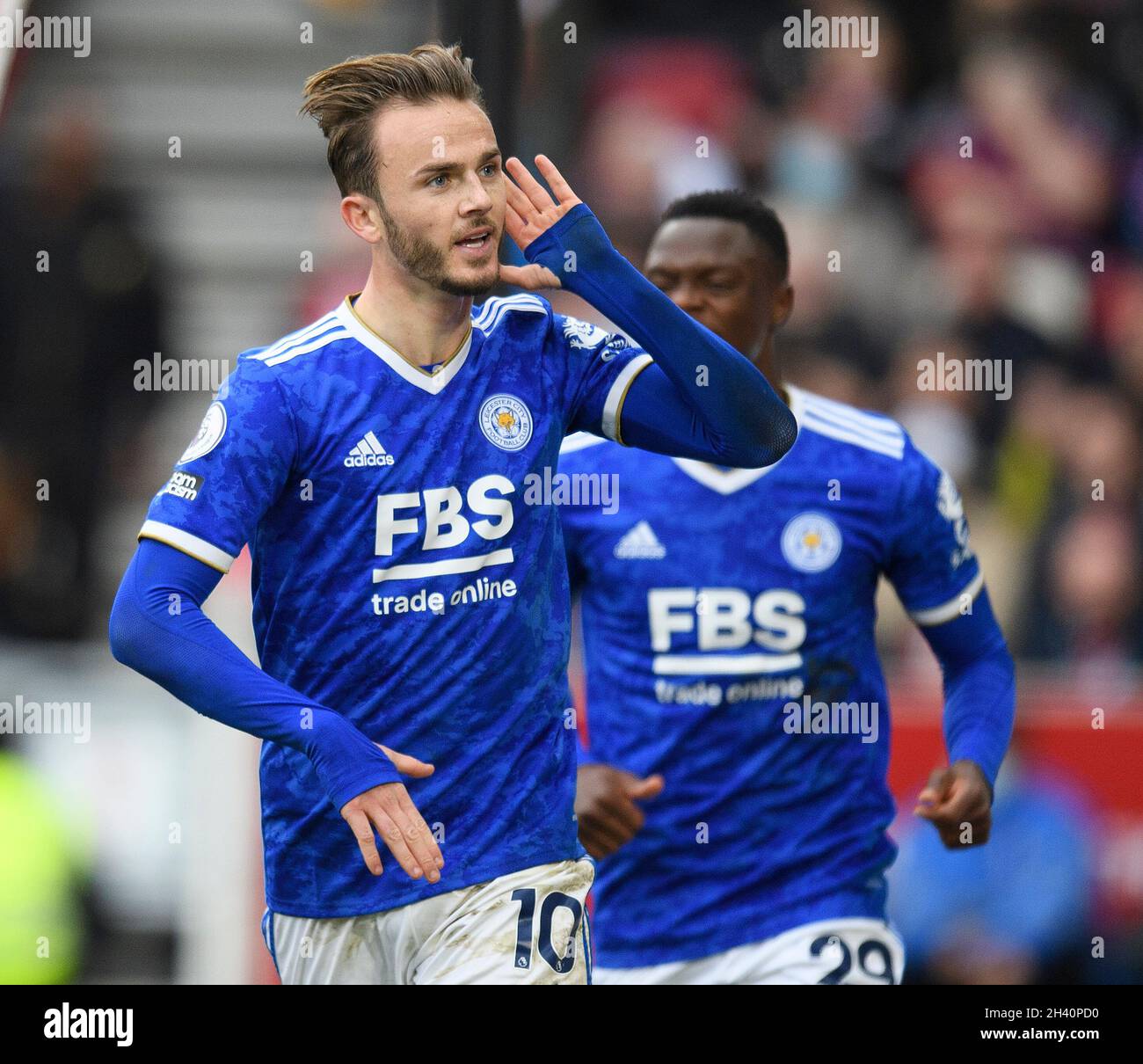 Leicester City's James Maddison celebrates his goal during the match at the Brentford Community Stadium. Picture : Mark Pain / Alamy Stock Photo