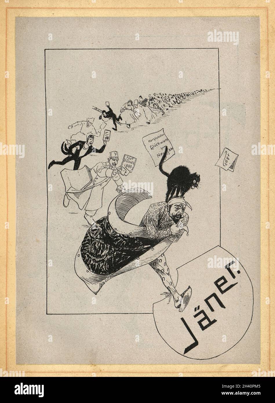 Victorian cartoon, Man with black cat chased by postman and crowd of people, Caviar Kalender, 1893 Stock Photo