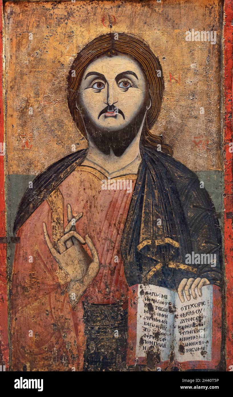 SKOPJE, NORTH MACEDONIA - AUGUST 18, 2021: Ancient wood icon painting of Jesus Christ in Cifte Hamam Museum Stock Photo