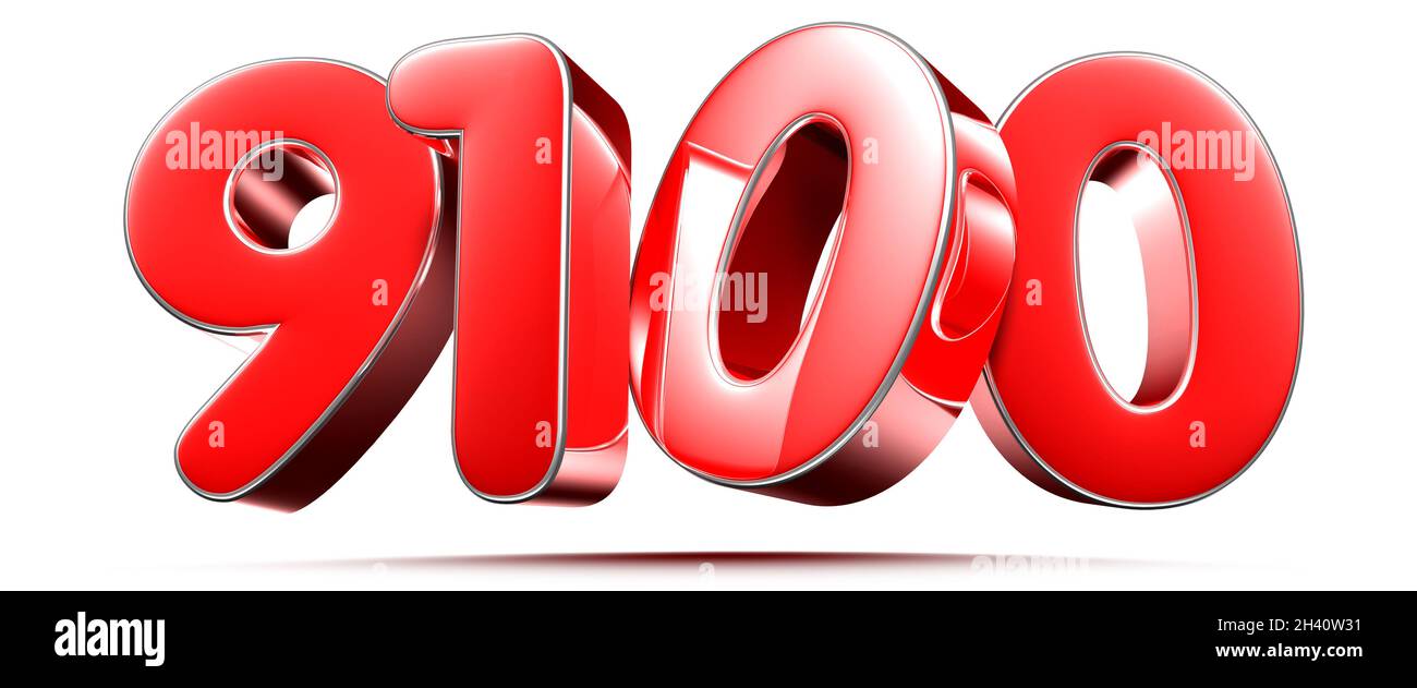 Rounded red numbers 9100 on white background 3D illustration with ...