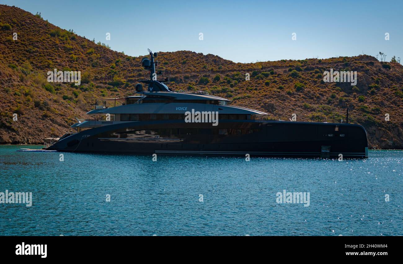 Brand new billionaire custom super yacht Voice manufactured by CRN anchored near Selimiye Stock Photo