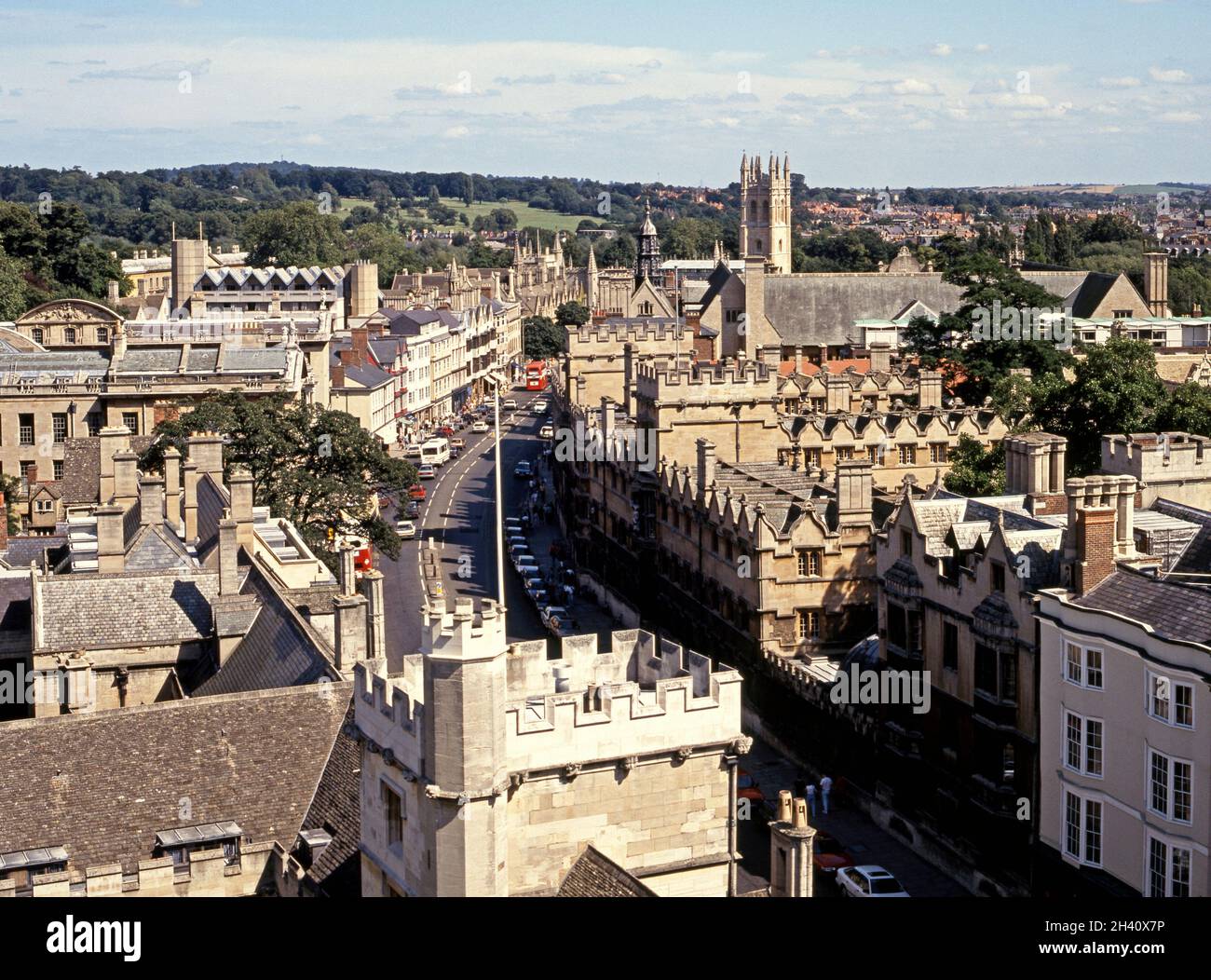 View along High Street looking east with Magdalen College Tower to the centre right, Oxford, UK. Stock Photo