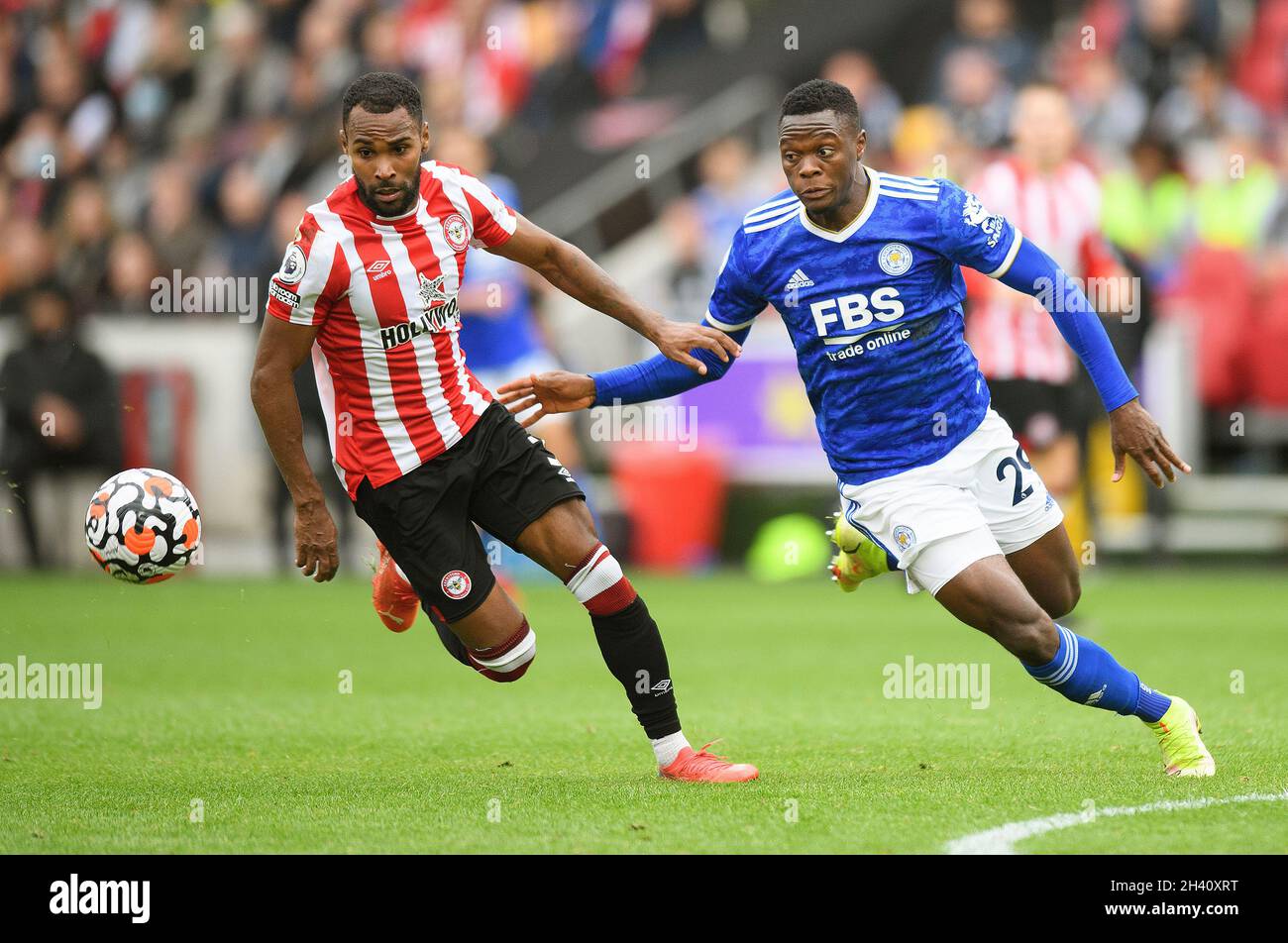 Leicester City's Patson Daka takes on Rico Henry during the match at the Brentford Community Stadium. Picture : Mark Pain / Alamy Stock Photo