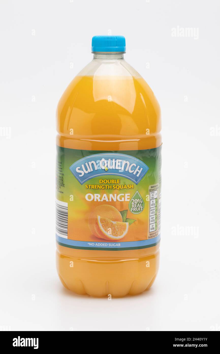 A plastic bottle of Sun Quench double strength orange squash Stock Photo