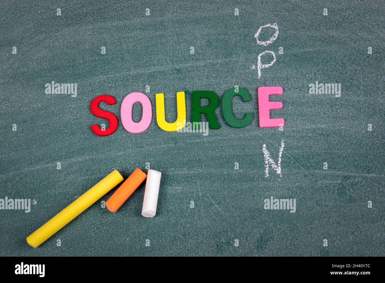 Open Source. Colored wooden letters and pieces of chalk on a green board. Stock Photo