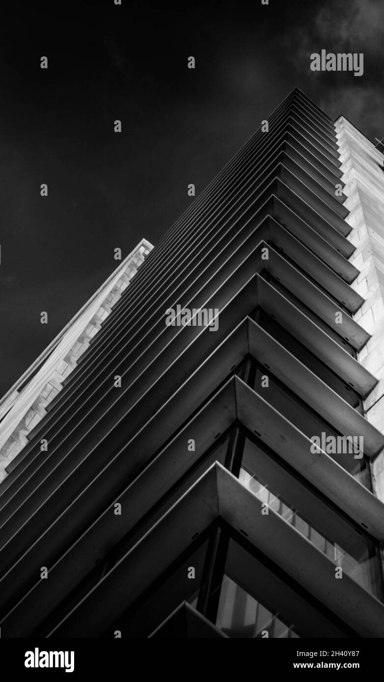Black and white image of angular, high rise building in York UK with angles and structure. Interesting additional dimension. No People. Stock Photo