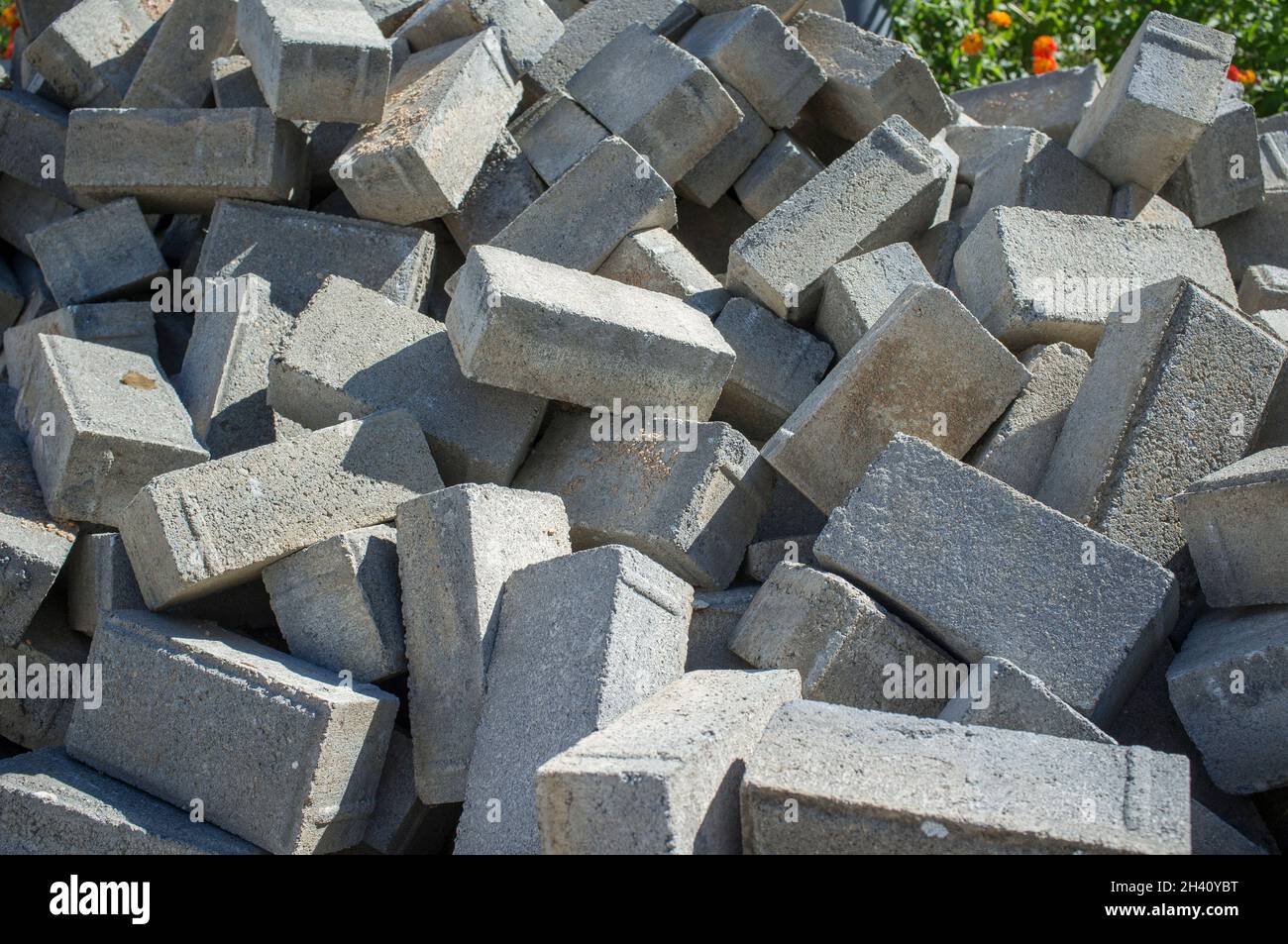 Pile of concrete cobblestones. Improvement of the city Infrastructure Stock Photo