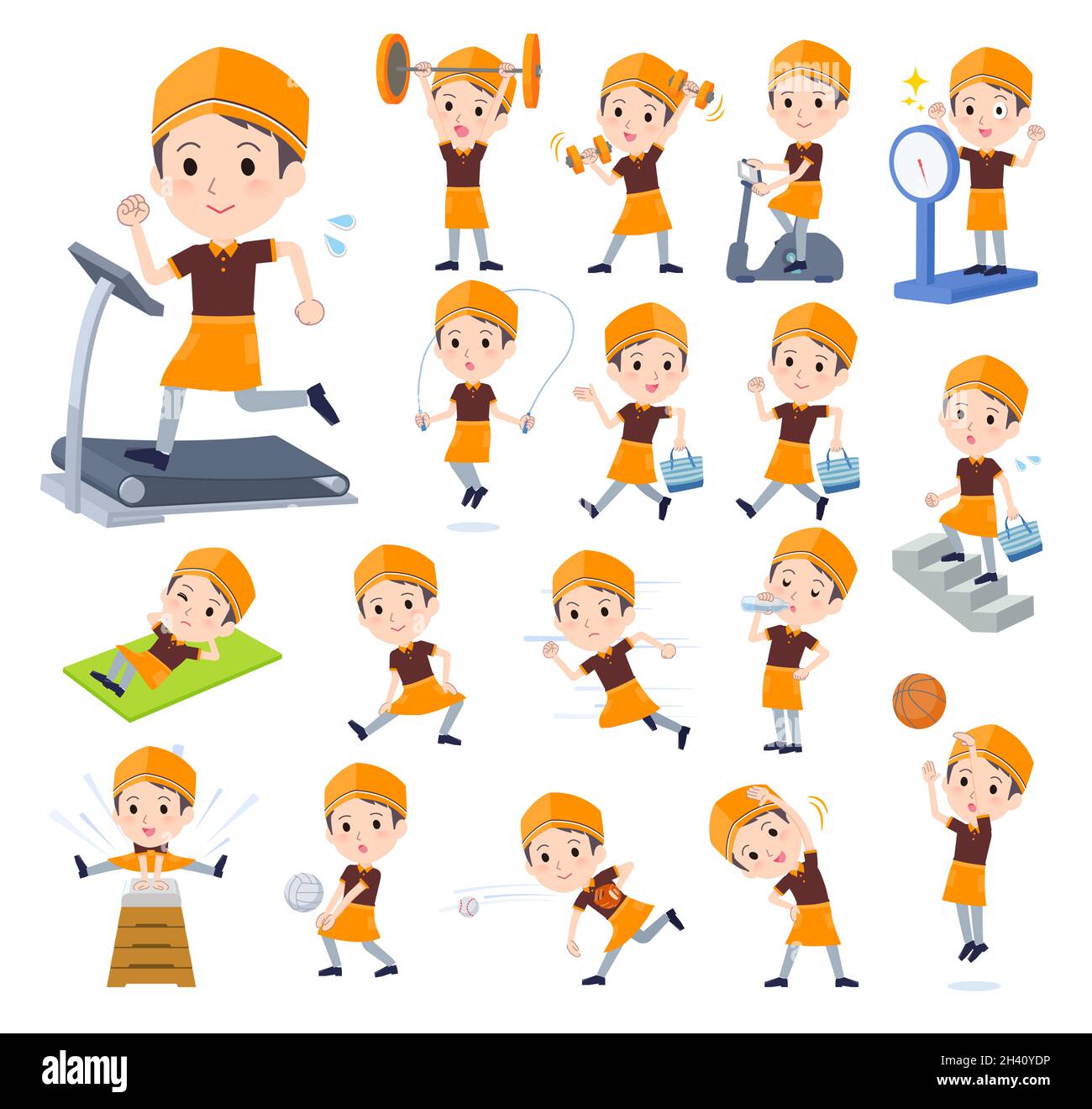 A set of Fast food clerk man on exercise and sports.It's vector art so easy to edit. Stock Vector