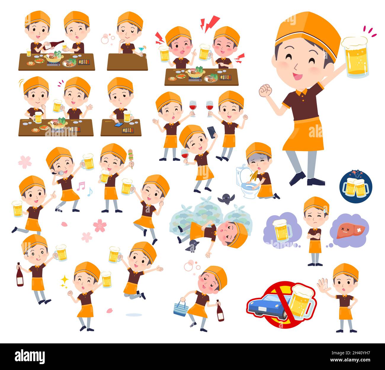 A set of Fast food clerk man related to alcohol.It's vector art so easy to edit. Stock Vector