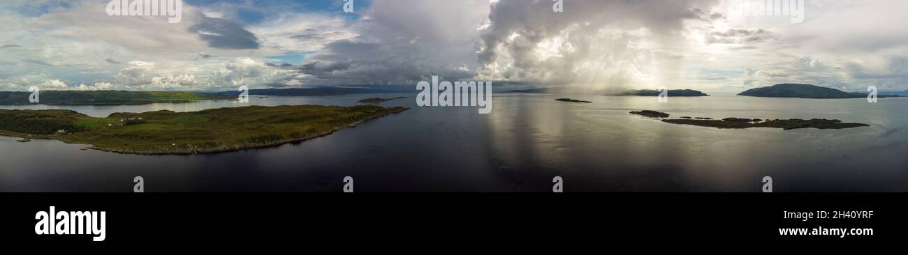 Oban, Scotland - August 6, 2021:  Aerial view of the Sound of Jura, Corryvreckan and the isles around Dorus Mor, from near the point of Craignish, Sco Stock Photo
