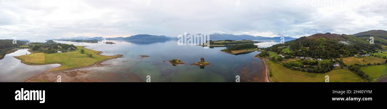 Portnacroish, Scotland - August 6, 2021:  Aerial panoramic view of Castle Stalker and Loch Linnhe near Portnacroish, Scotland Stock Photo