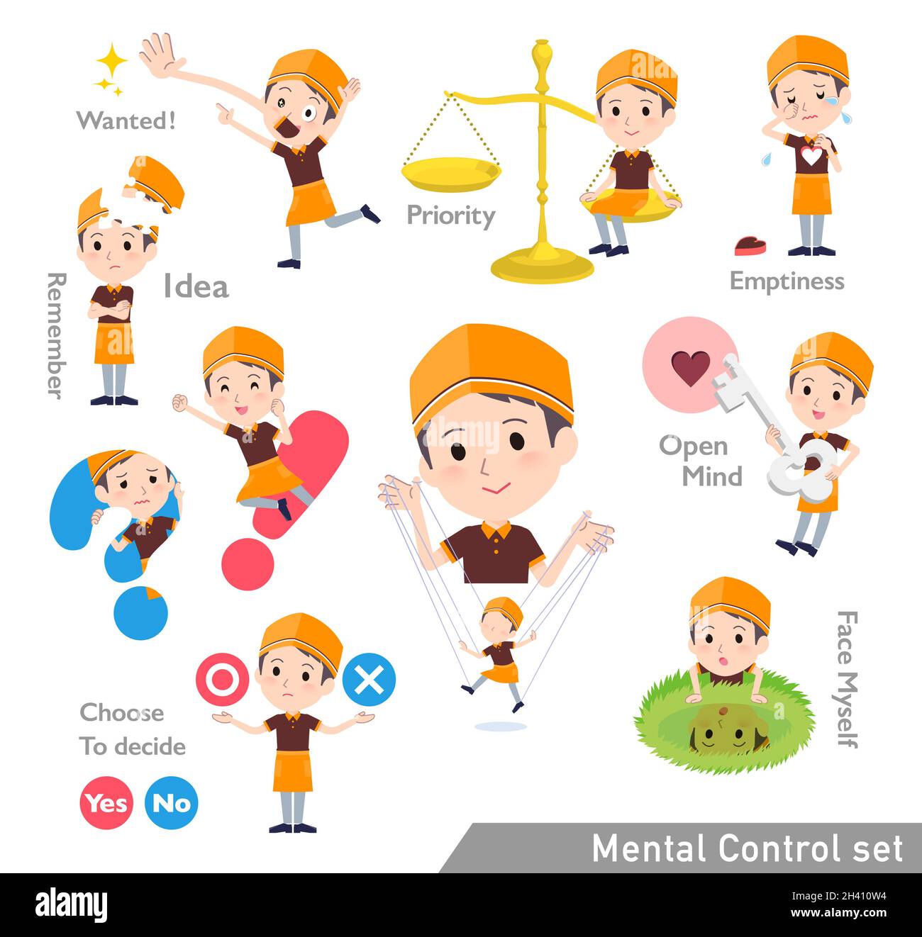 A set of Fast food clerk man with mental control.It's vector art so easy to edit. Stock Vector