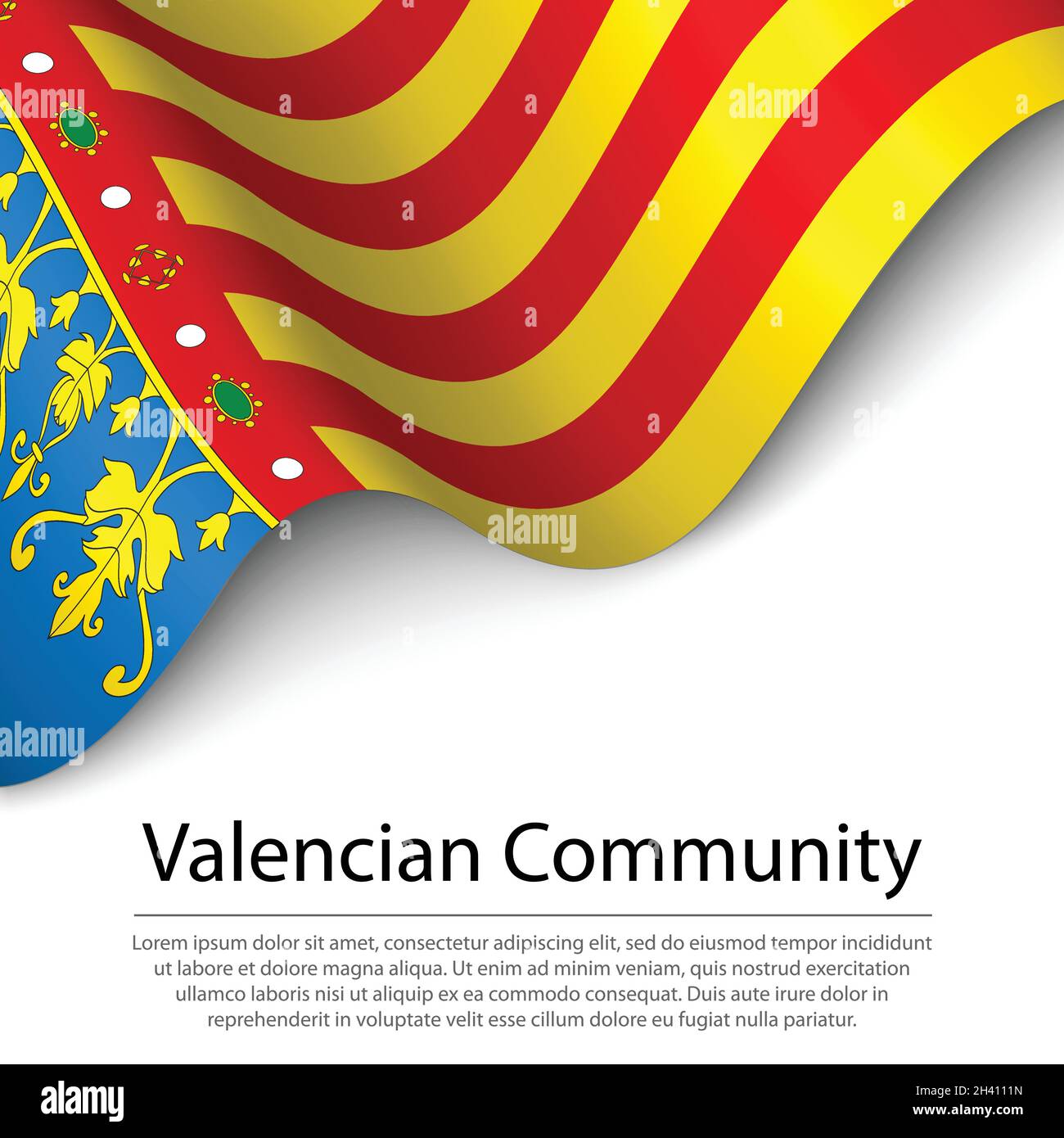Waving flag of Valencian Community is a region of Spain on white ...