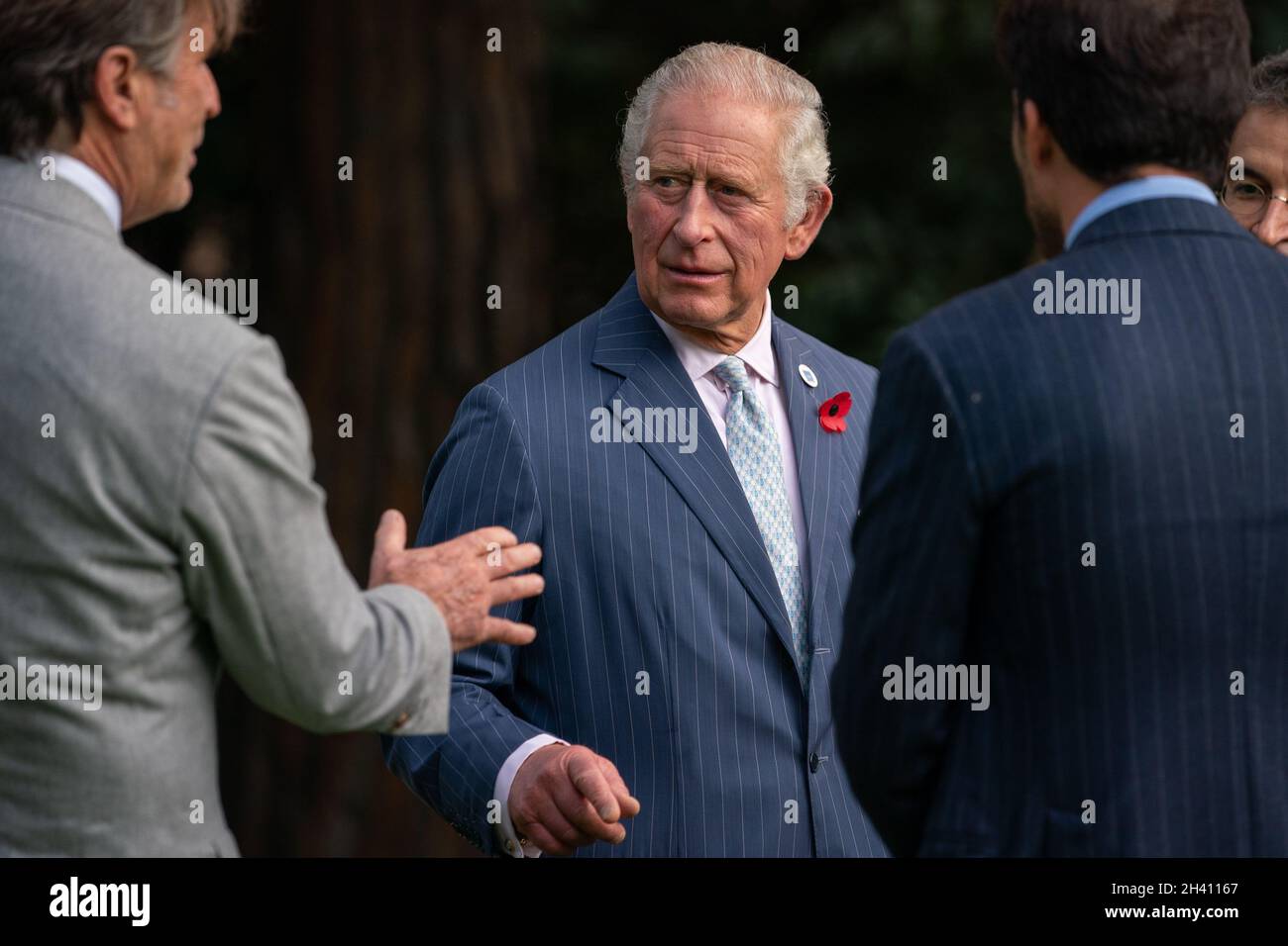 The Prince of Wales meets members of the Fashion Coalition, one of the SMIÕs ten Industry Coalitions which includes CEOs from some of the leading fashion houses including Giorgio Armani, Mulberry and Chloe before viewing The SMI Fashion Coalition's Digital ID, is a virtual certificate that records each item's history at the Villa Wolkonsky Residence Gardens in Rome. Picture date: Sunday October 31, 2021. Stock Photo