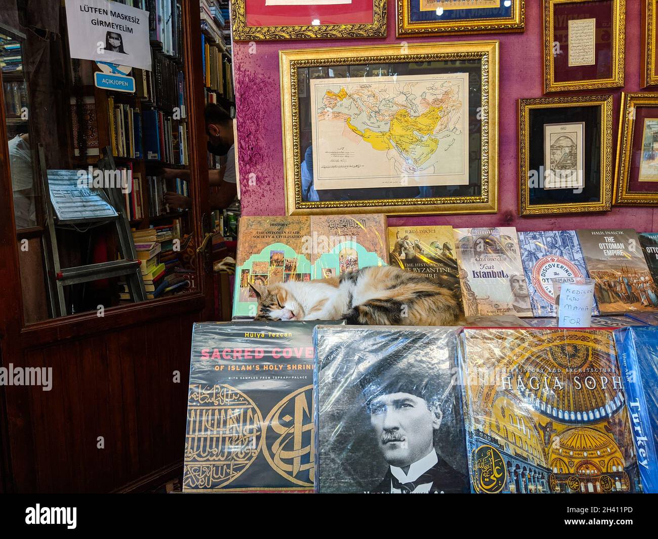 ISTANBUL, TURKEY - AUGUST 10, 2021: Stray cat sleeping on books at the entrance of a antique books shop in the Grand Bazaar Stock Photo