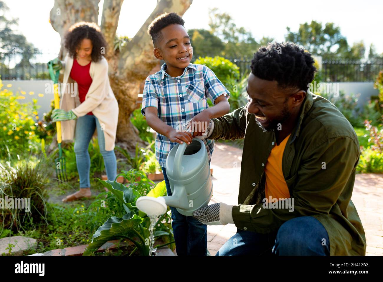 Happy african american father and son watering plants together Stock ...