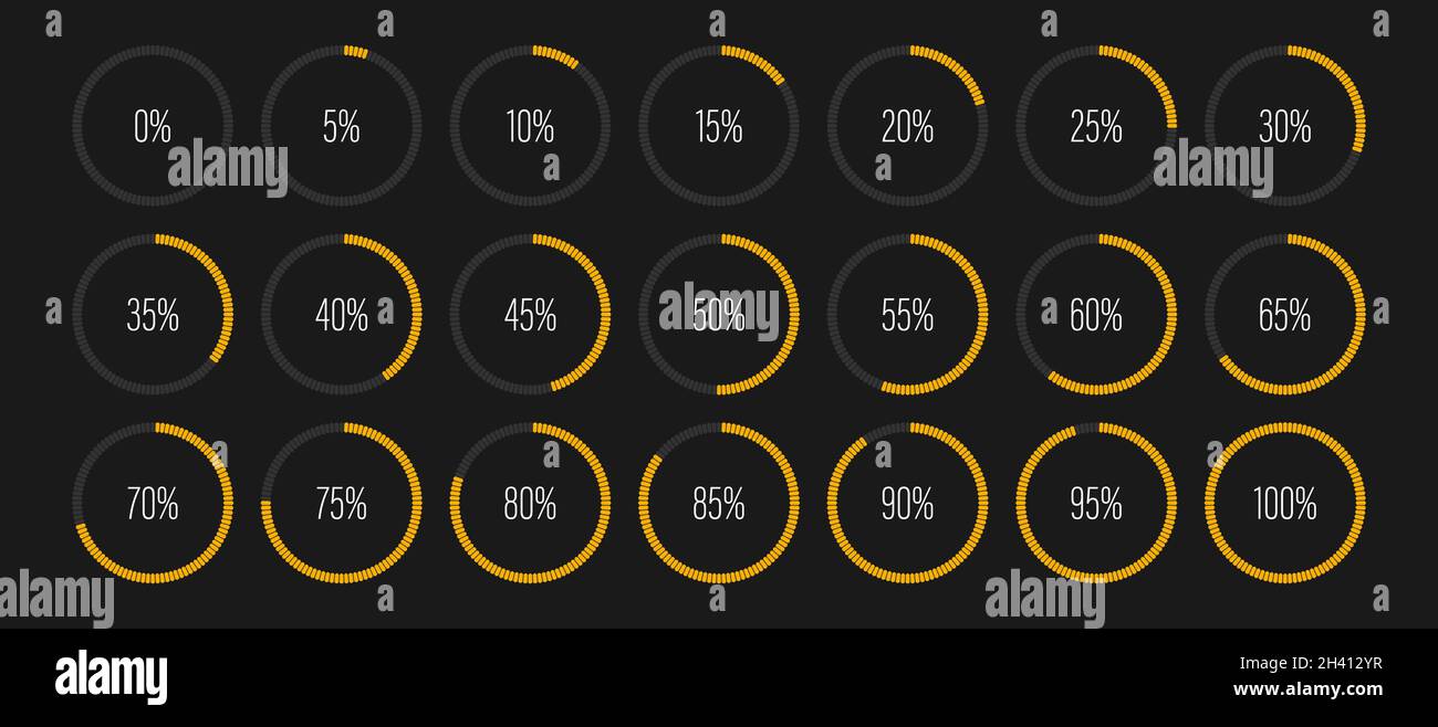 Set of circle percentage diagrams meters for web design, user interface UI or infographic - indicator with yellow Stock Vector